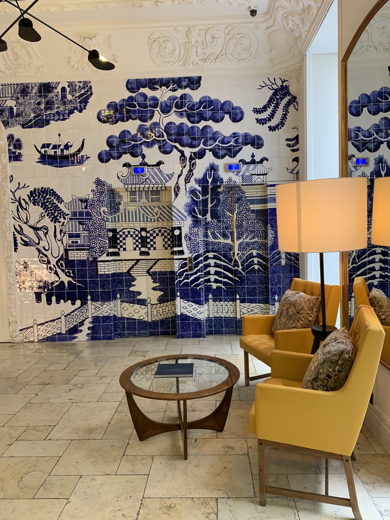 Blue and gold interior of a distinctive boutique hotel