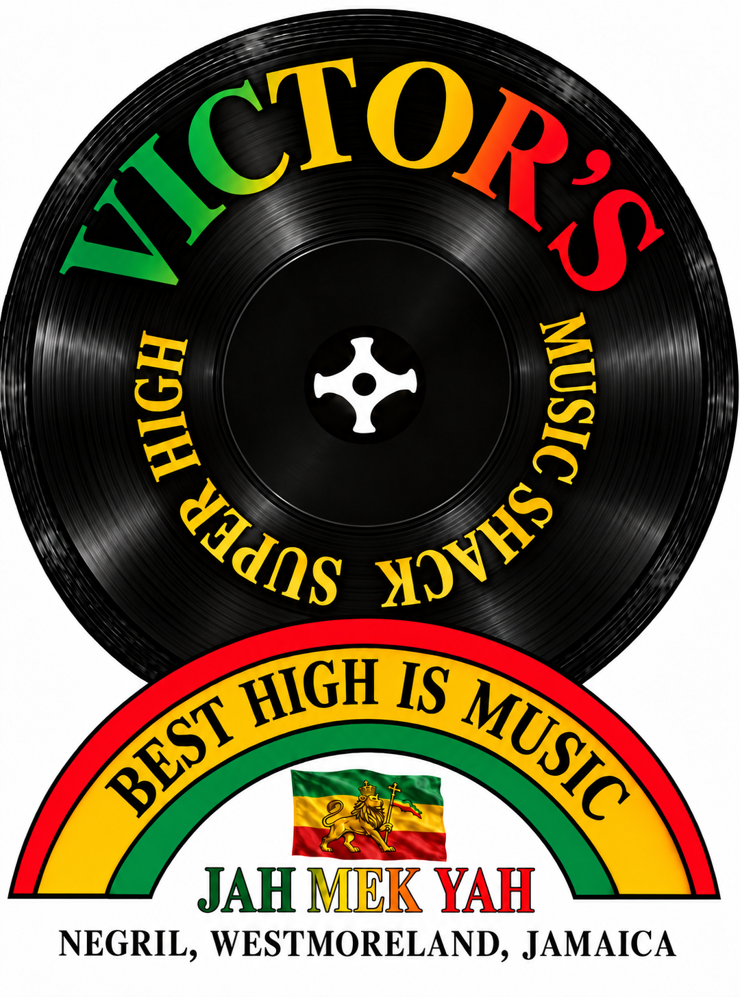 Victor’s Music Shack graphic with a vinyl record in Jamaican colors