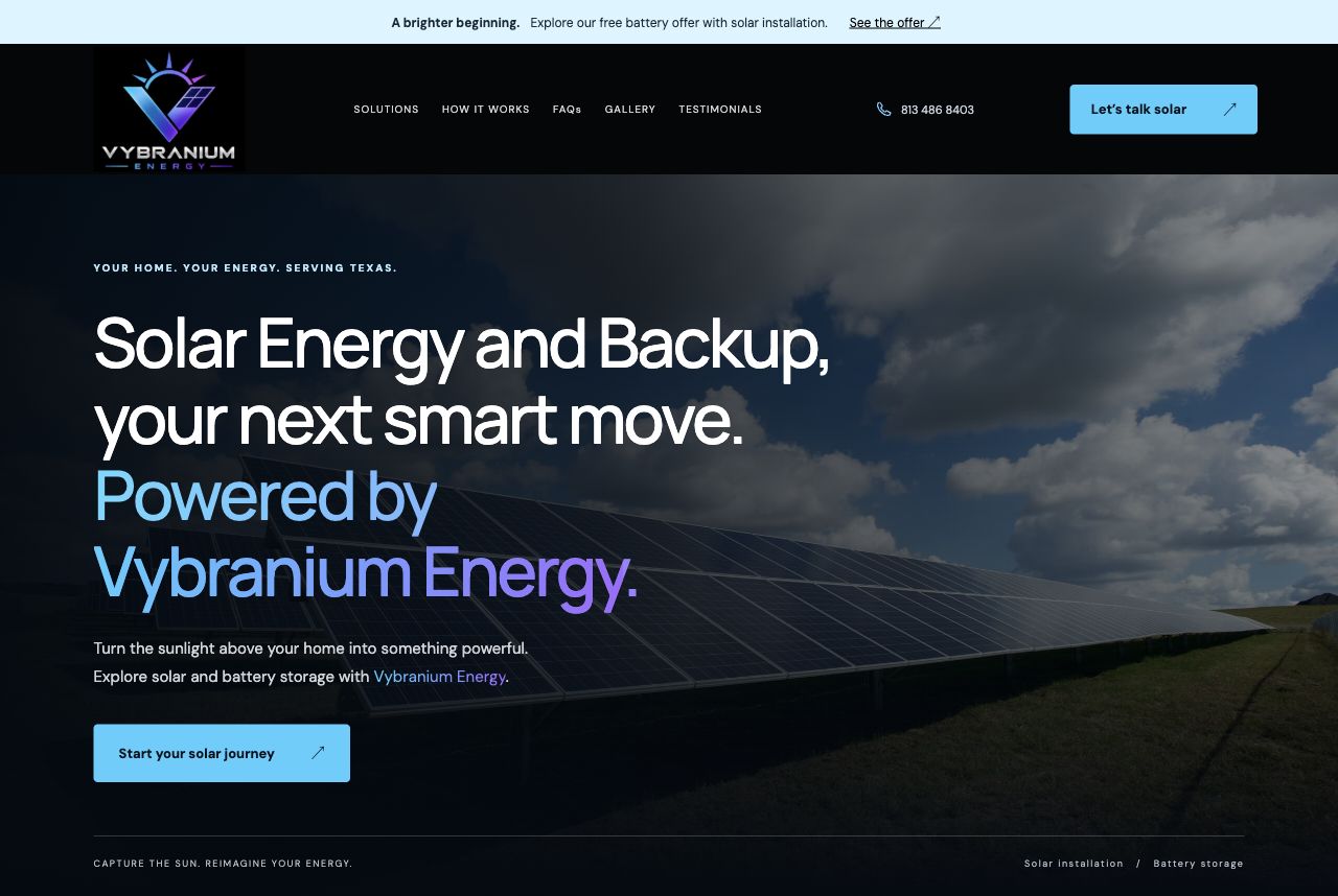 Vybranium Energy homepage preview, a solar and battery backup website